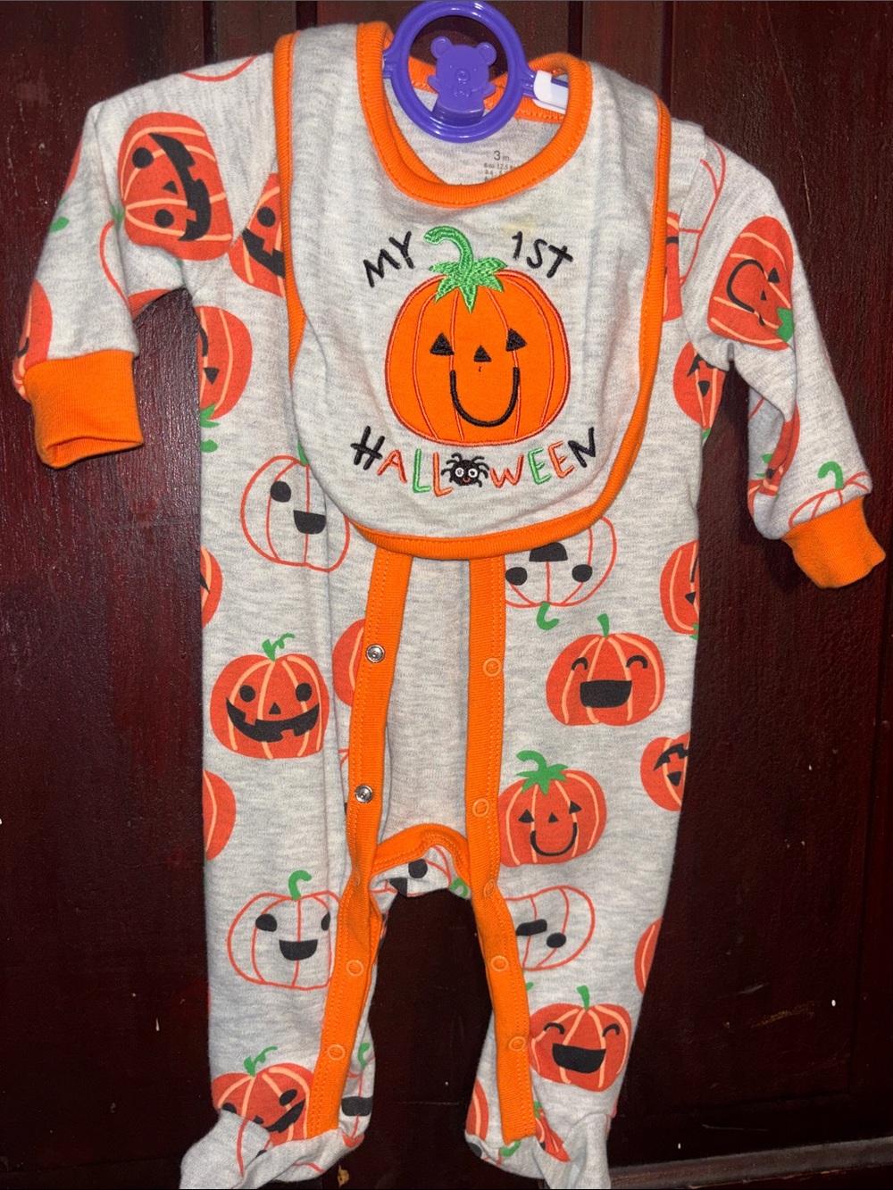 Baby Starters Orange and Gray My 1st Halloween Pumpkin Footed One-Piece